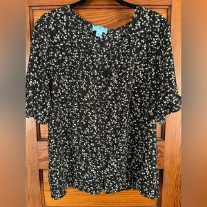CeCe Black Floral Short-Sleeve Blouse, XL